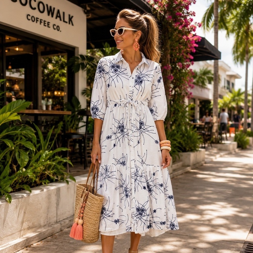 Fraze Women White Navy Blue Embroidered Linen Blend Midi Shirtdress Size M